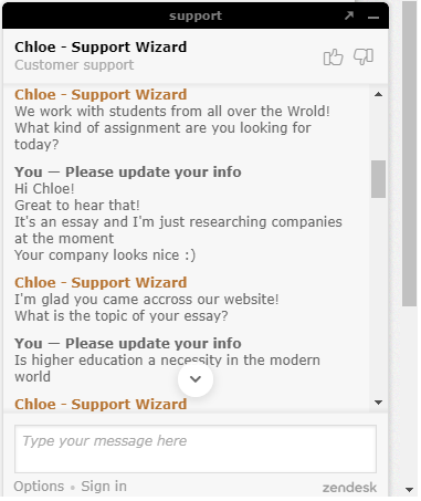 Screenshot of communication with support