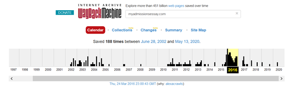 Screenshot of web.archive.org where you can see when the site(myadmissionsessay.com) was first seen on the internet.