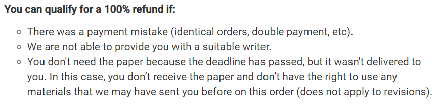 It’s not clear whether or not you can get a 100% refund if you get your paper too late
Source: speedypaper.com