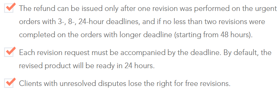 You may not be able to get a refund without requesting a revision first
Source: essayassist.com