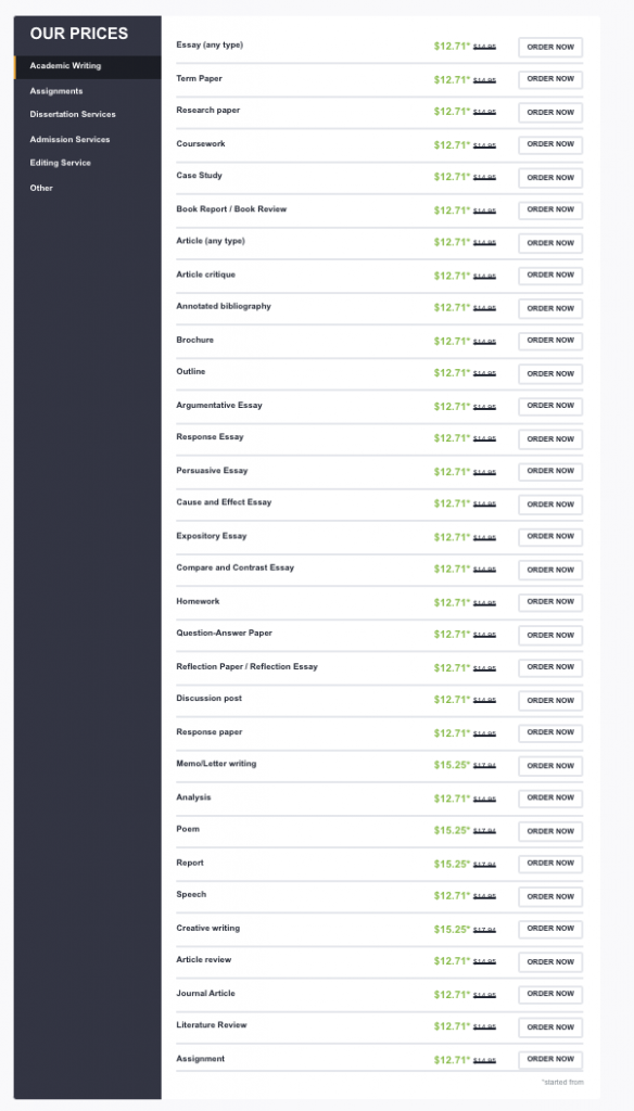 Price list for Academic Writing at Wise Essays