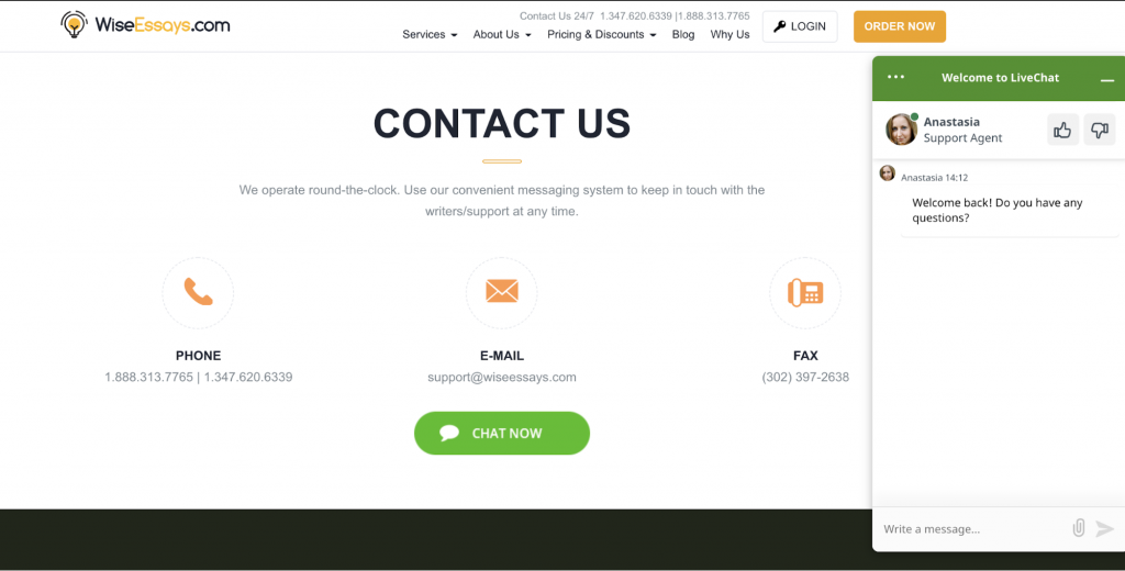 Online chat box at “Contact Us” page