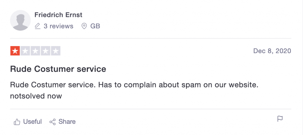 Negative review from TrustPilot
