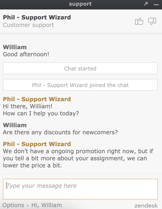 Conversation with customer support on online chat
