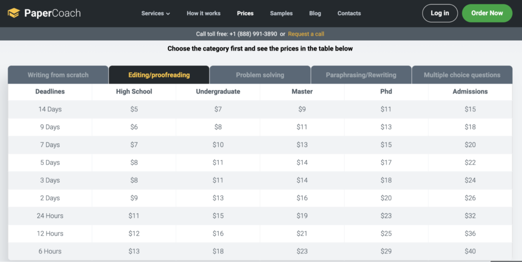 Prices for editing/proofreading