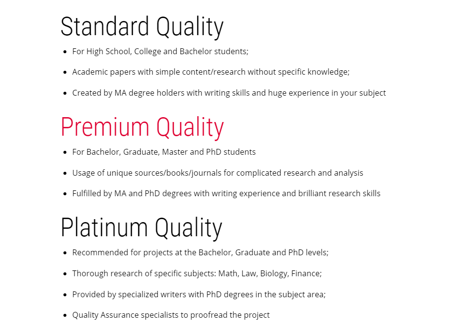 Types of suggested quality